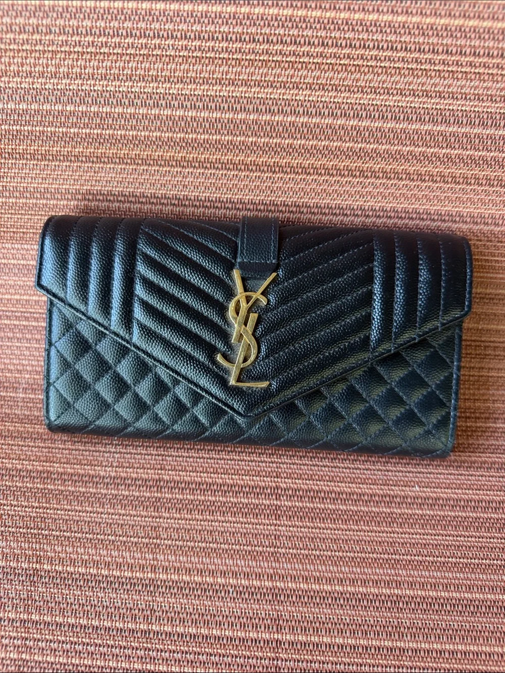 Saint Laurent Black Quilted Chevron & Diamond Leather Wallet with Gold YSL